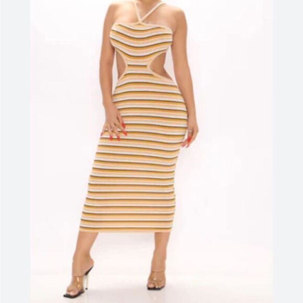 Fashion Nova Yellow Stripe Ribbed Cut Out Bodycon Dress Small Halter Midi Sexy
